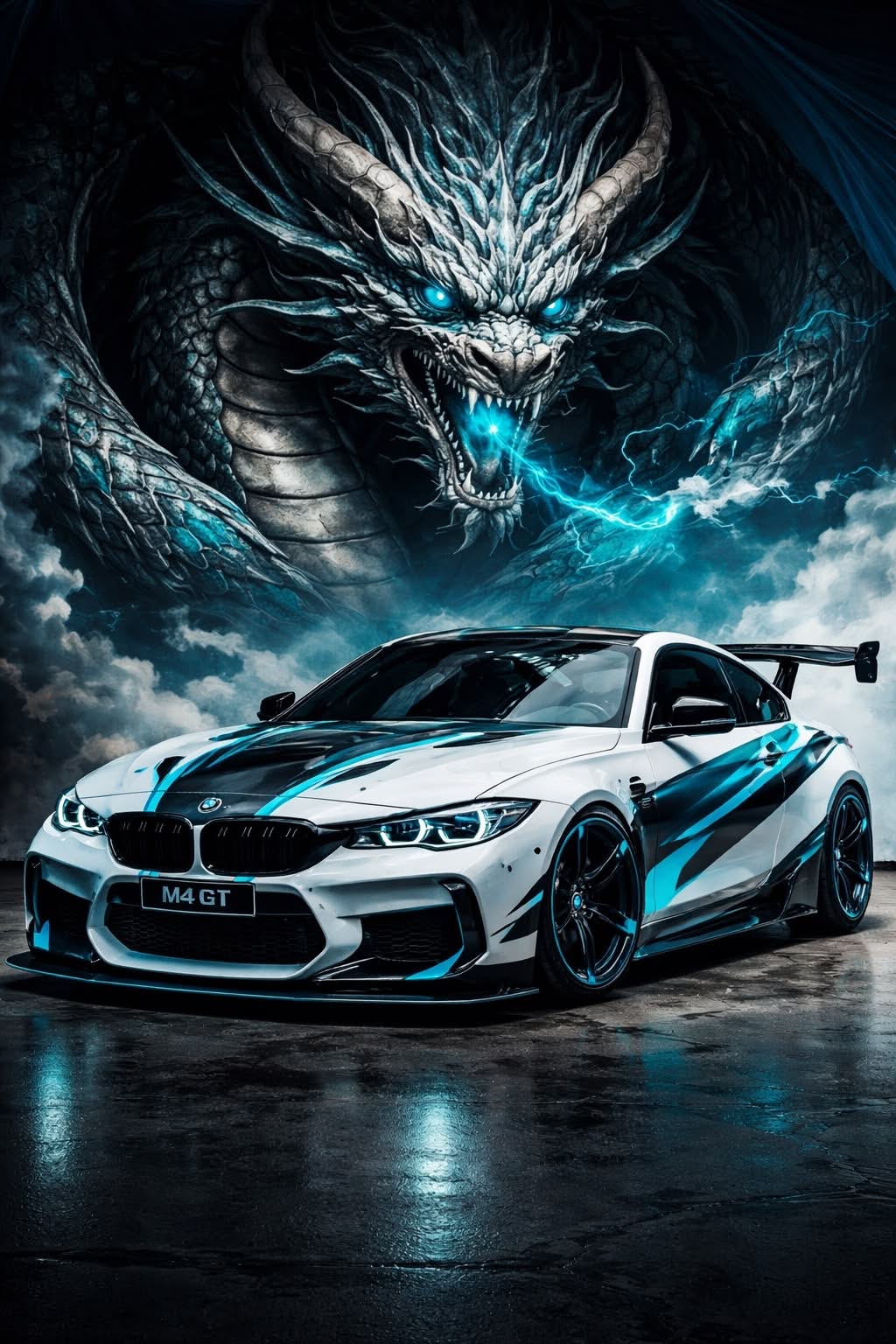 a white car with blue and black stripes on it's hood in front of a dragon