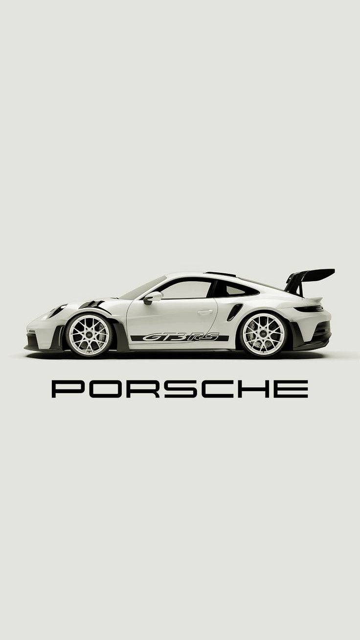 a white porsche sports car with the word porsche on it's side and an image of