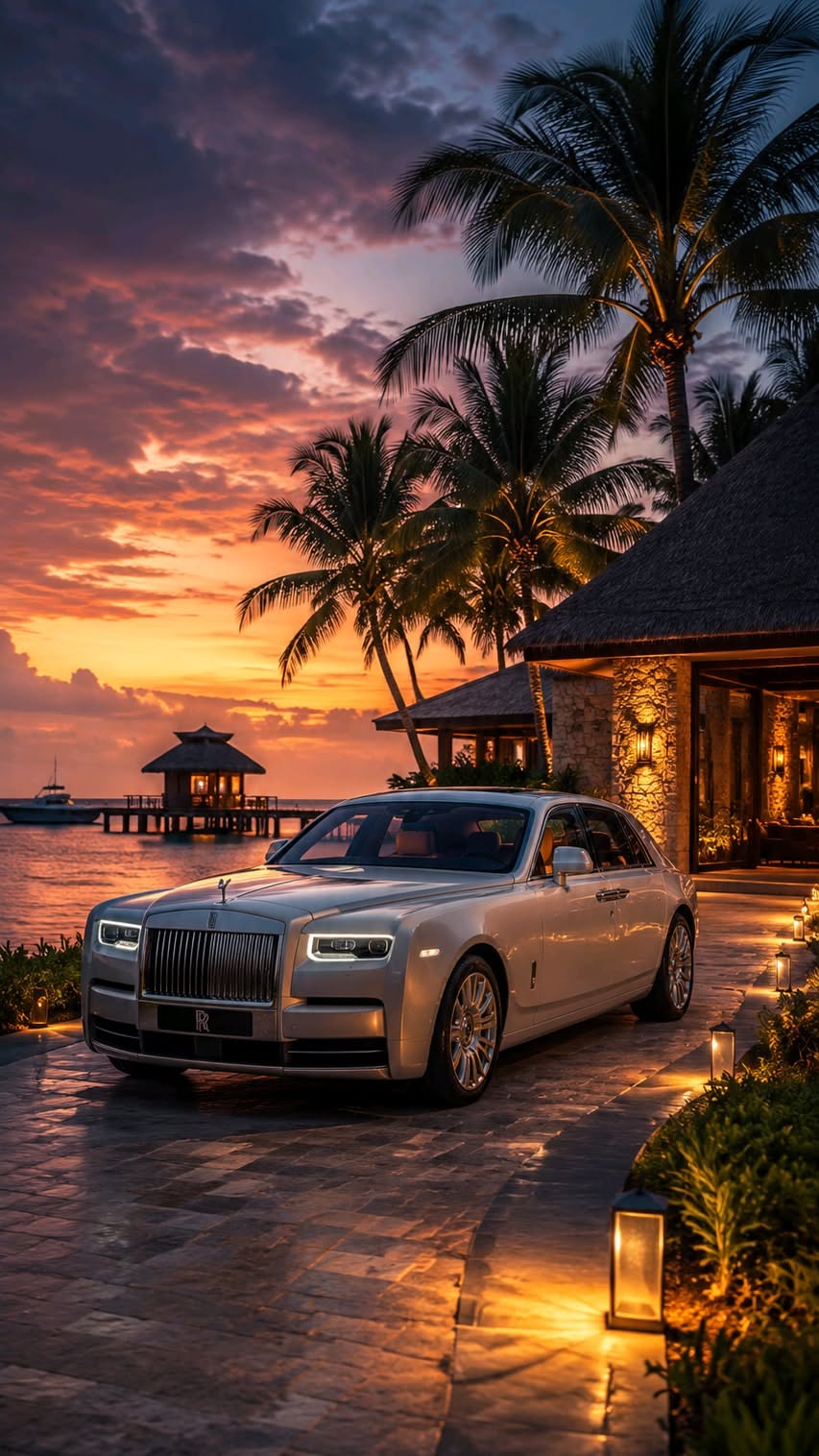 a white rolls royce parked in front of a beach house at sunset with palm trees