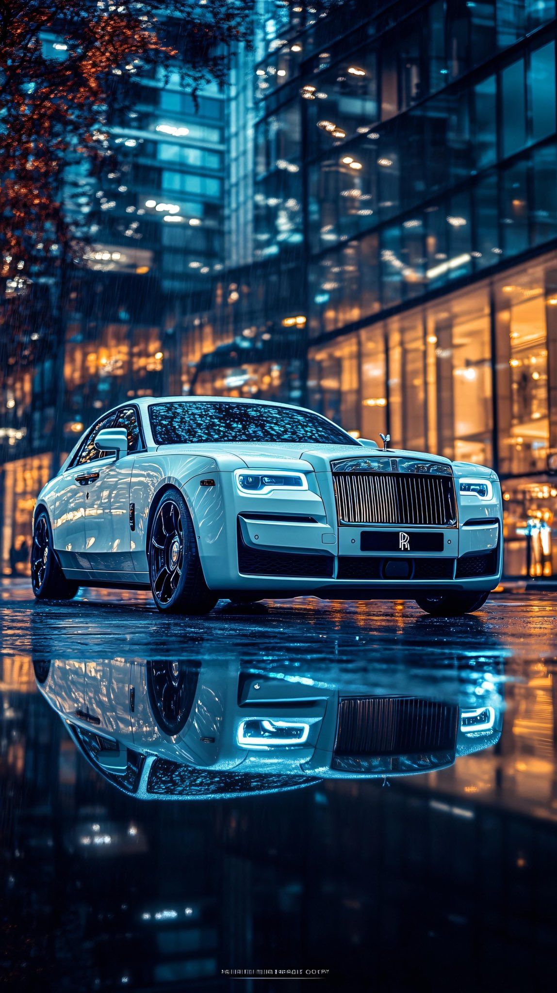 a white rolls royce parked in front of a tall building at night with its lights on