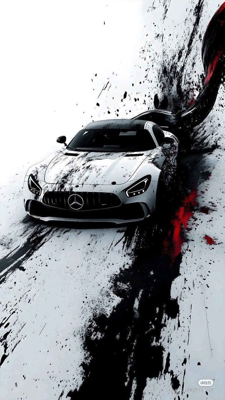 a white sports car driving down a road covered in black and red paint