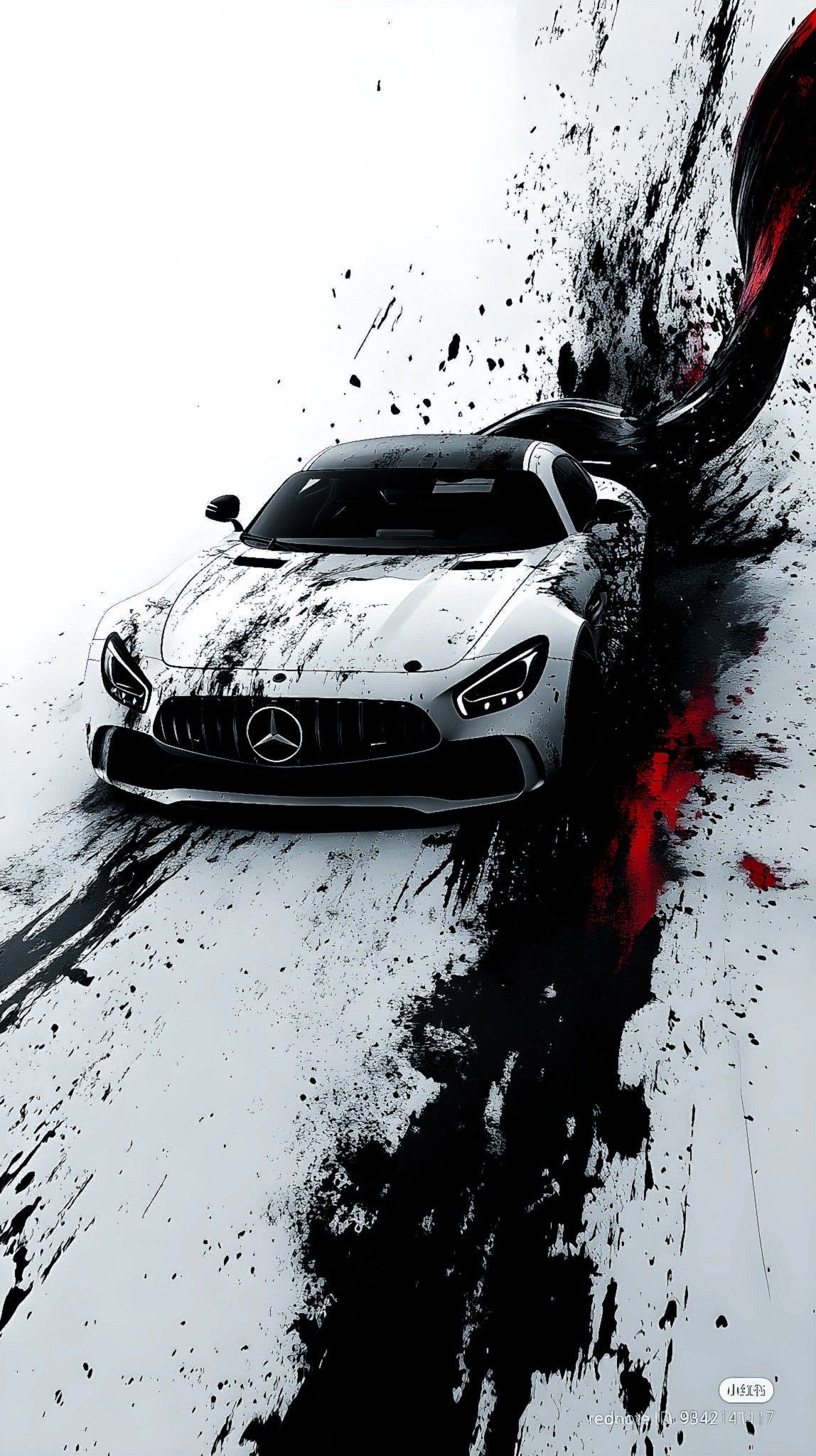 a white sports car driving down a road covered in black and red splatters
