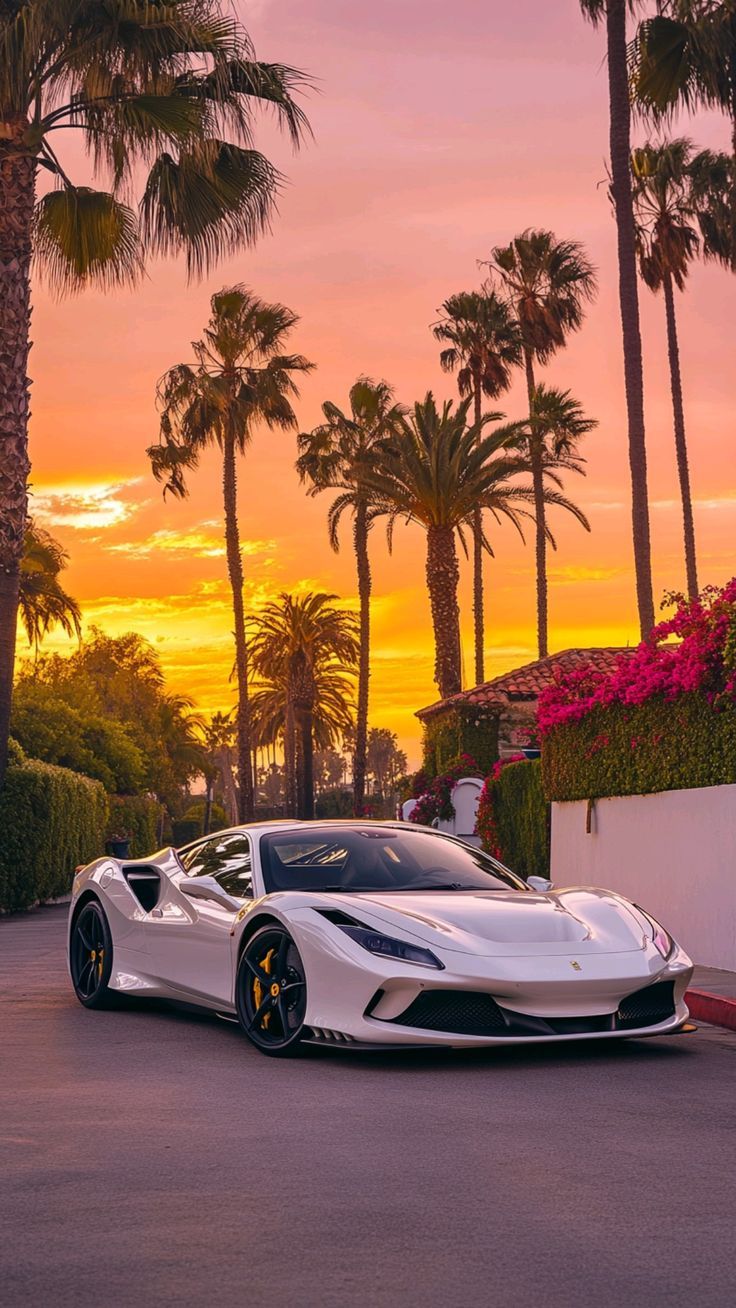 a white sports car is parked in front of palm trees and pink flowers at sunset