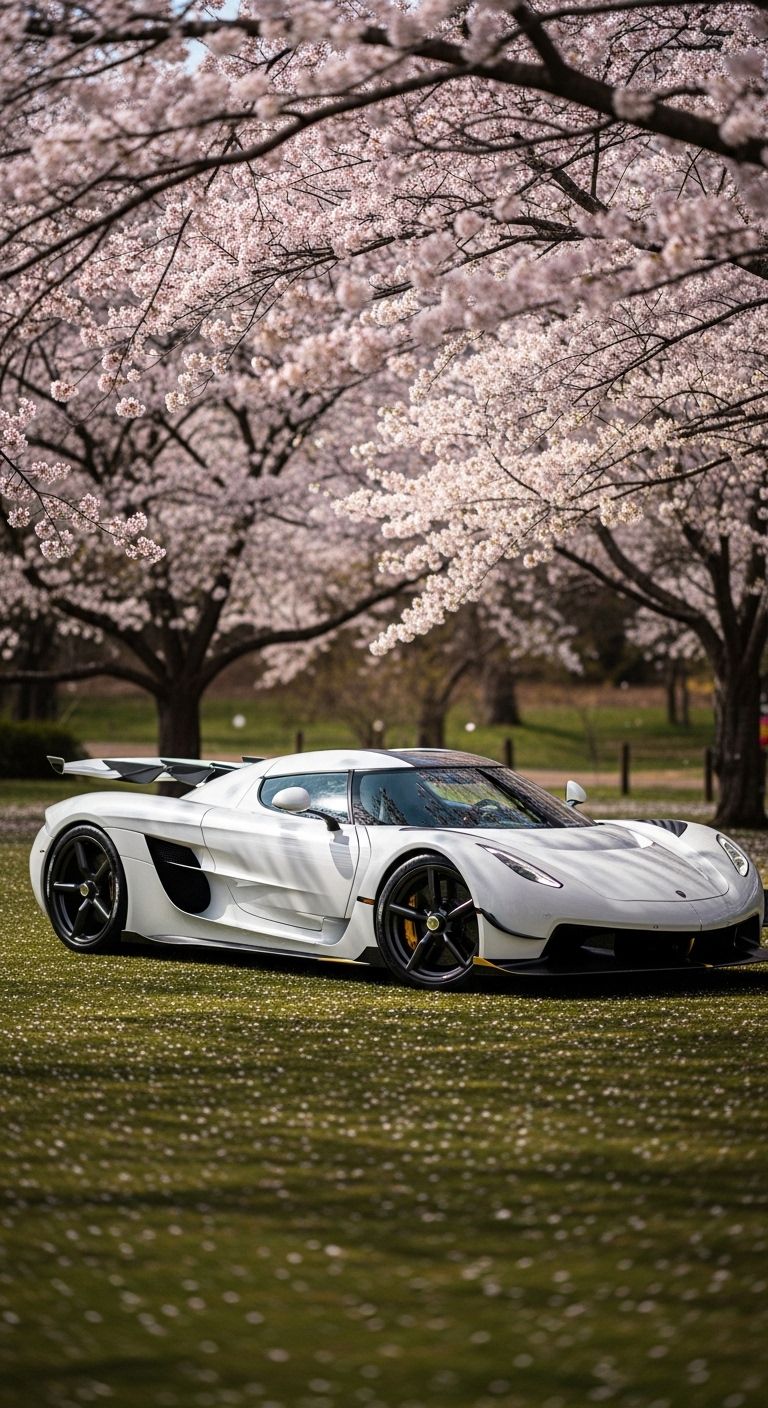 a white sports car parked in front of cherry blossom trees