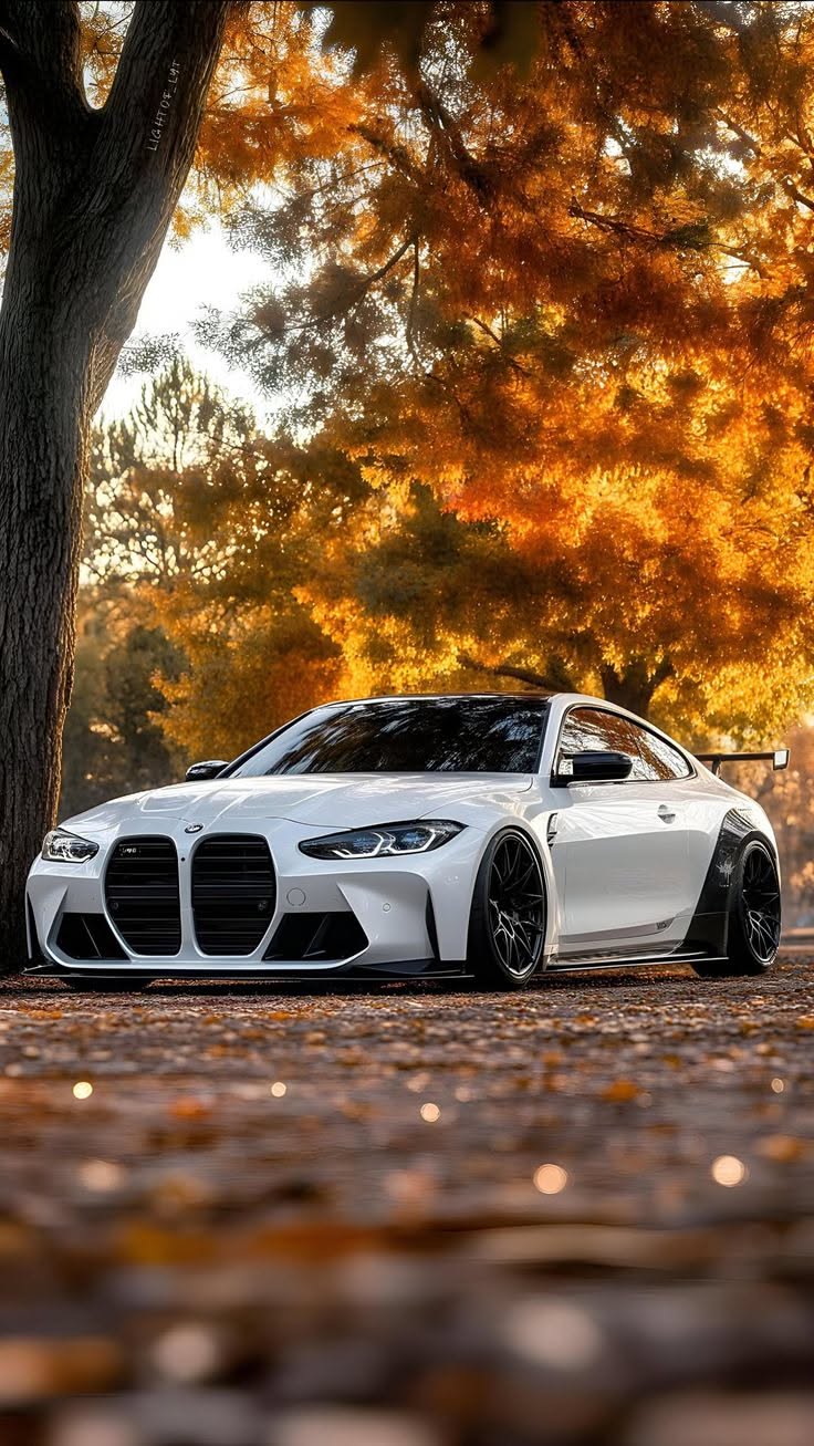 a white sports car parked in front of some trees