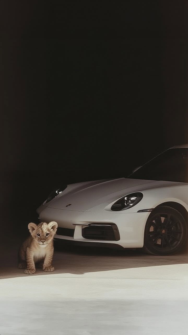 a white sports car parked next to a small lion cub in front of it's door