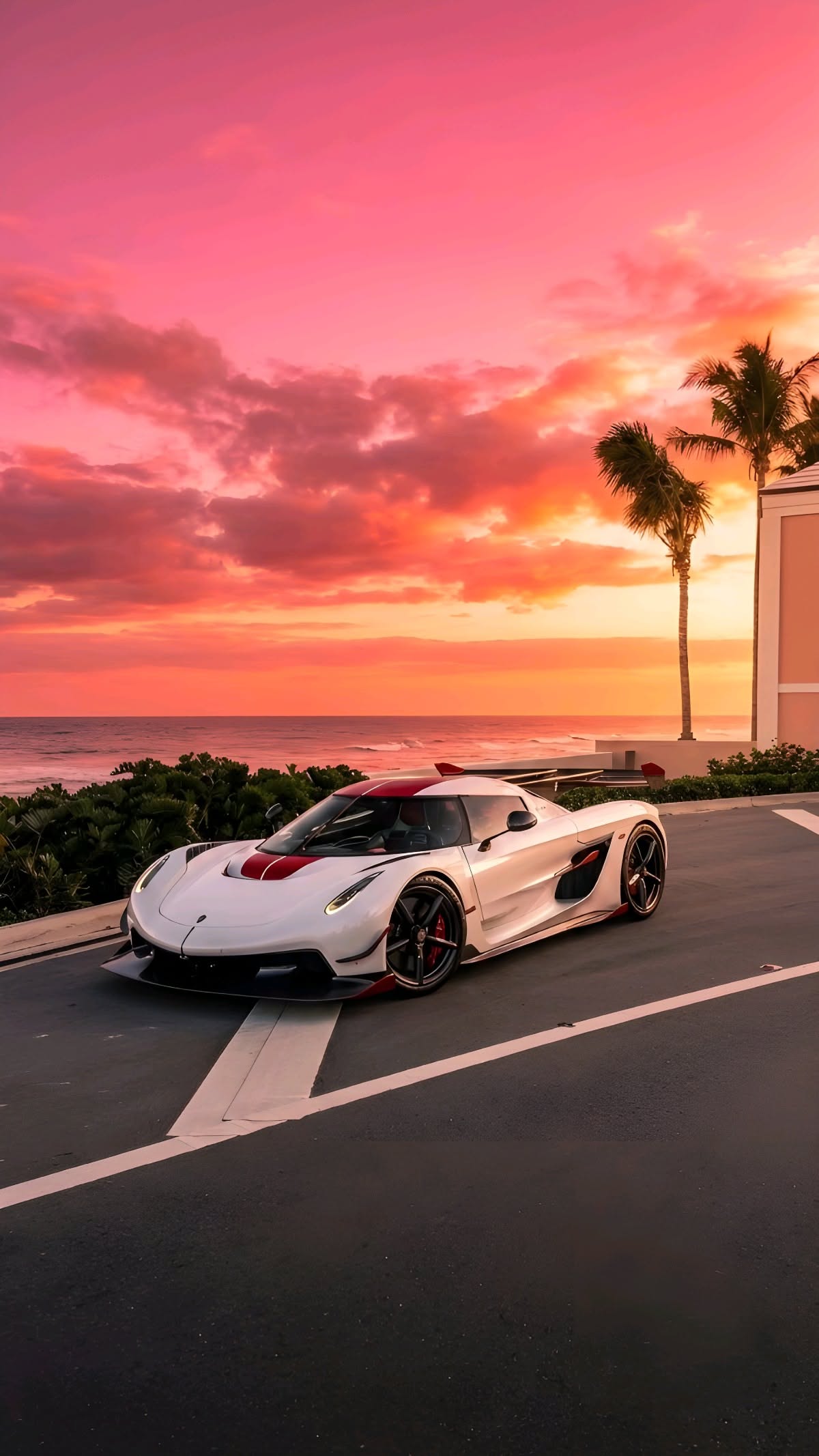 a white sports car parked on the side of a road next to a palm tree