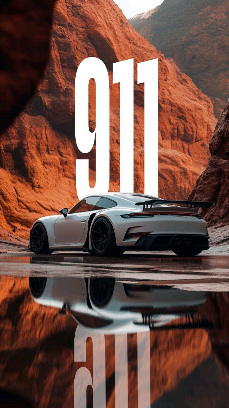 a white sports car sitting on top of a lake next to red rocks and mountains
