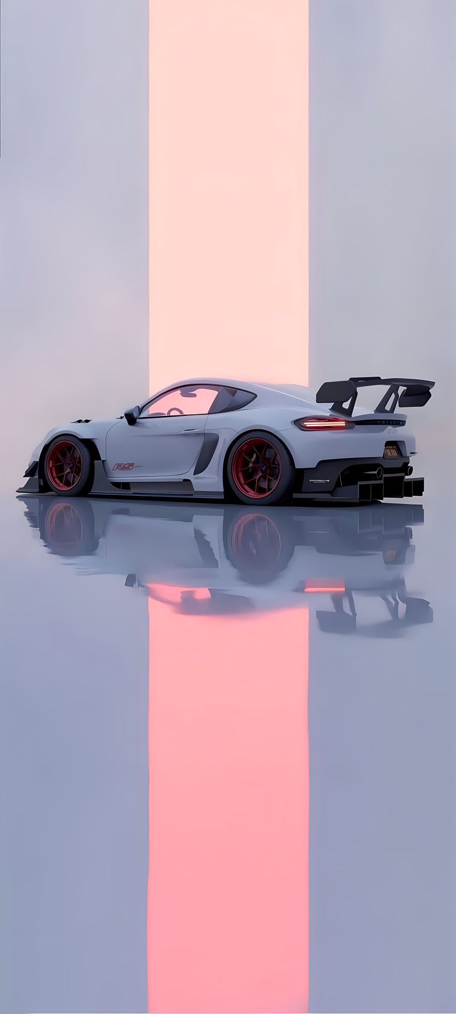 a white sports car with red rims parked on a reflective surface