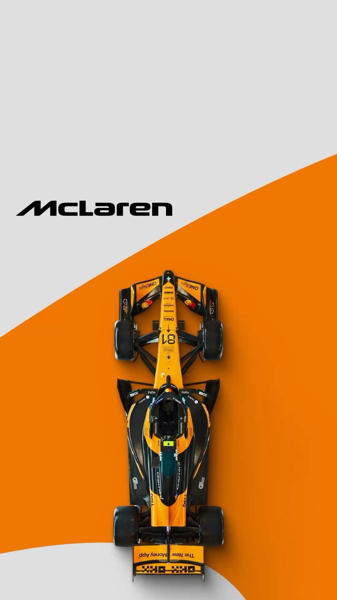 a yellow and black race car on an orange and white background with the name mclaren
