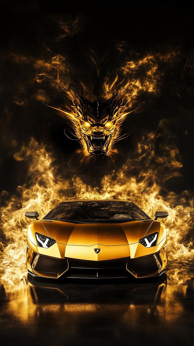 a yellow sports car in front of a black background with an angry face on it