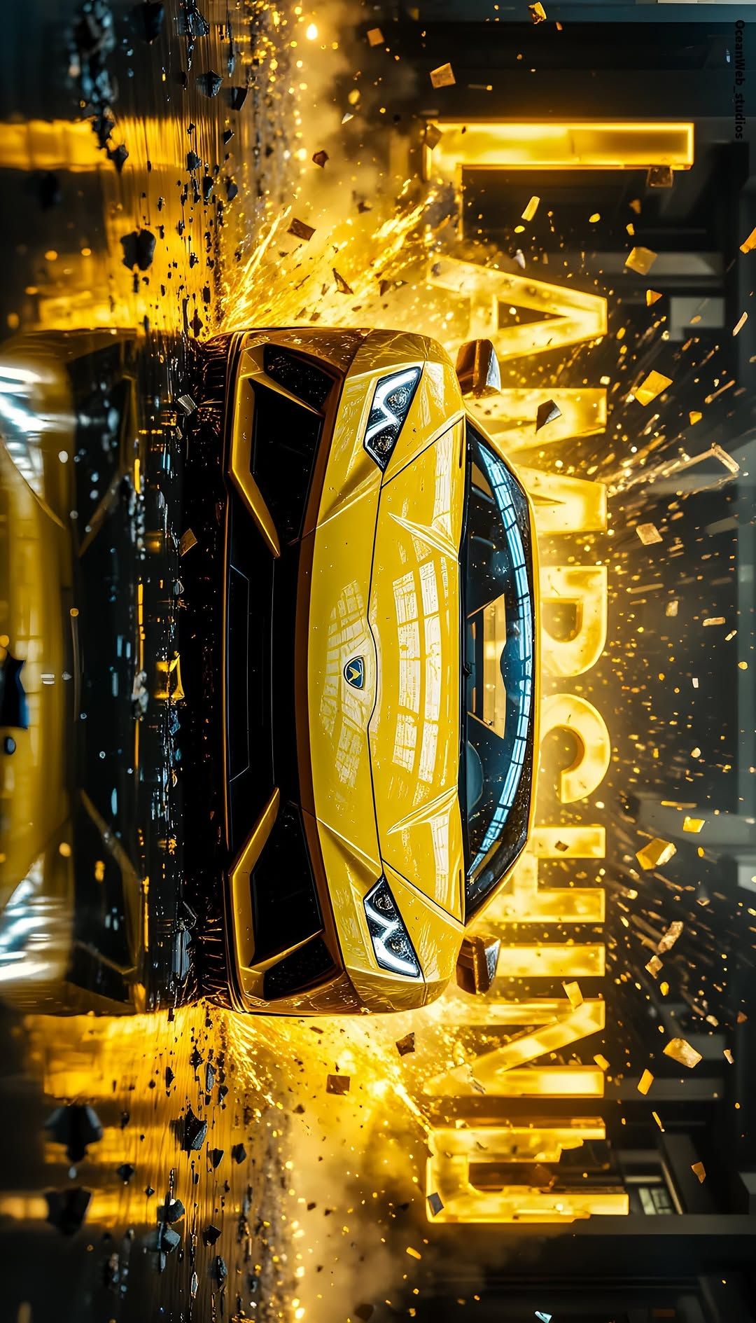 a yellow sports car is shown from above as it drives through the air with bright lights