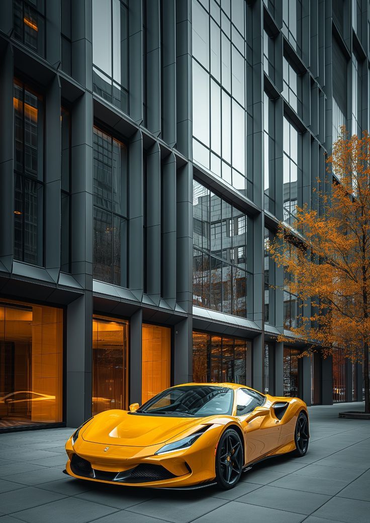 a yellow sports car parked in front of a tall building with glass windows on the sides