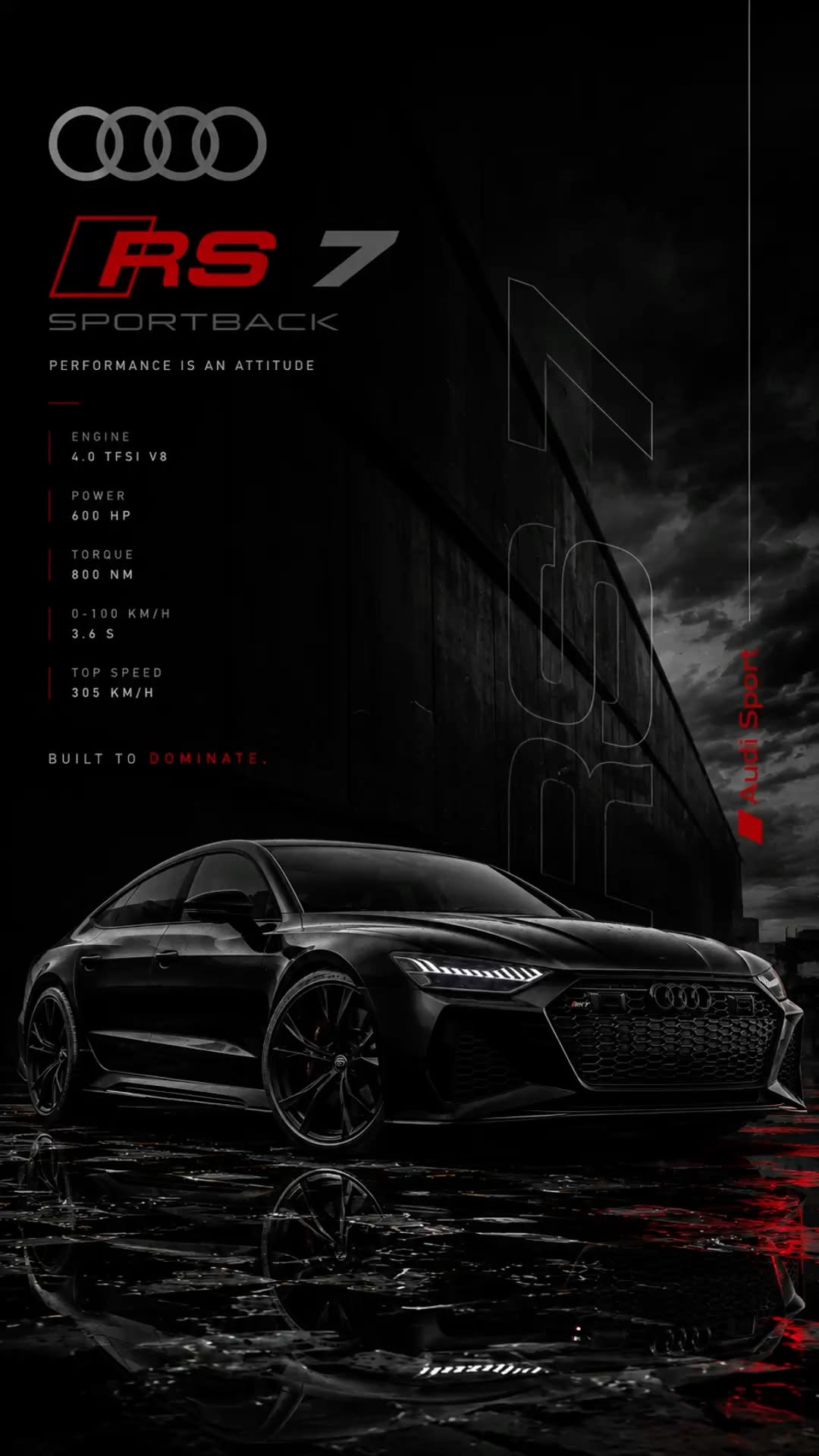 an advertisement for the new audi sportback, which is being displayed in black and red