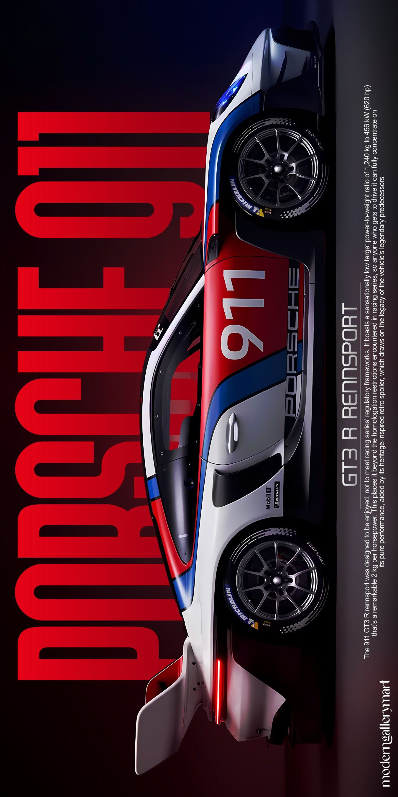 an advertisement for the new porsche gtp race car, which is painted in red and blue