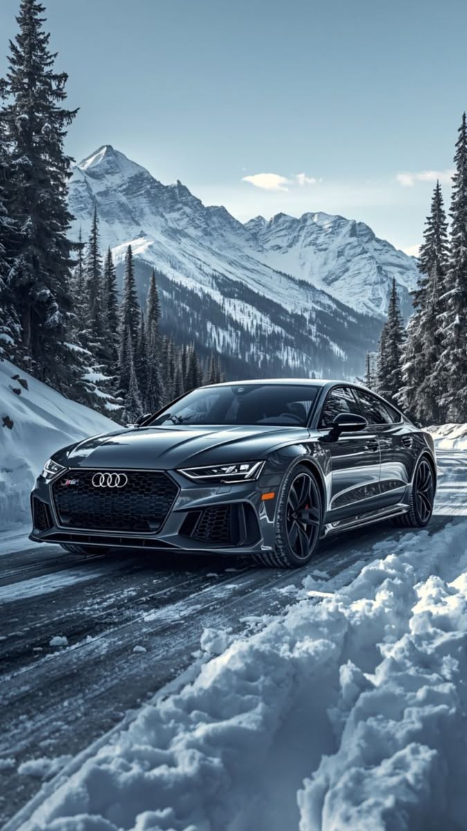 an audi car driving down a snowy road with mountains in the background