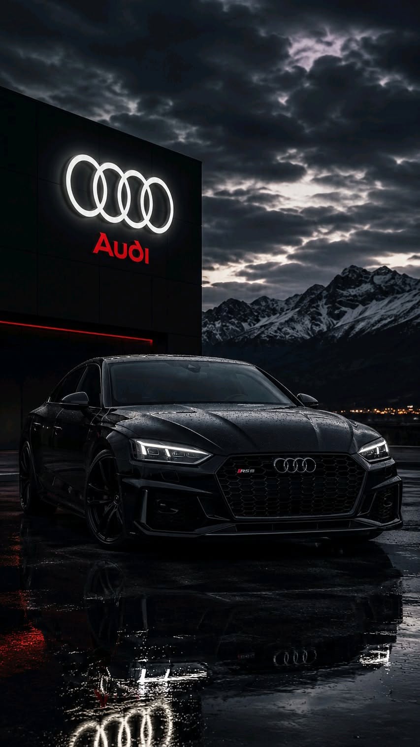 an audi car is parked in front of a building with the lights on at night