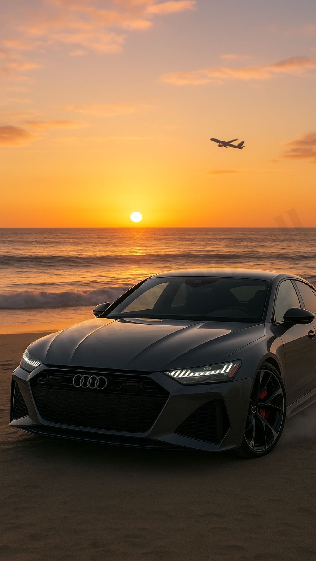 an audi sports car parked on the beach at sunset
