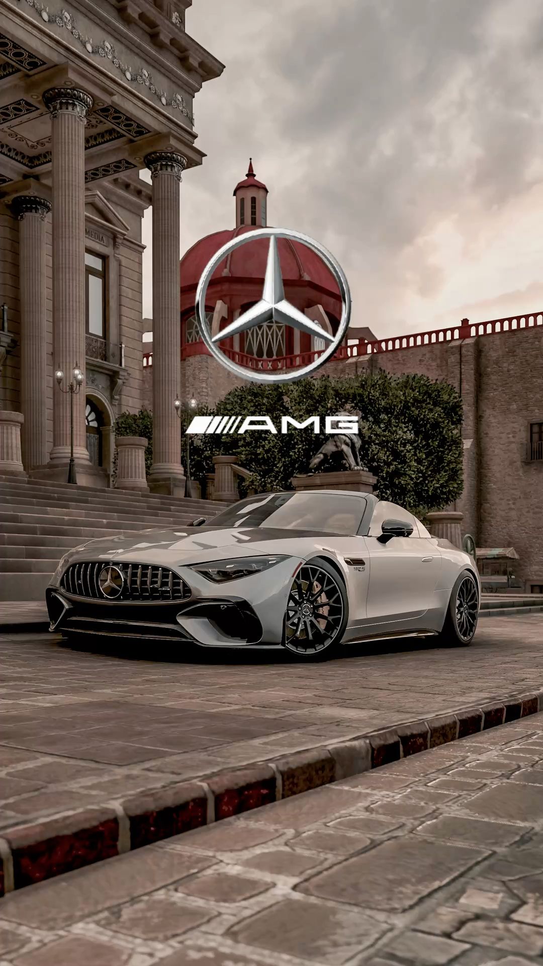 an image of a mercedes car parked in front of a building with the word amg on it