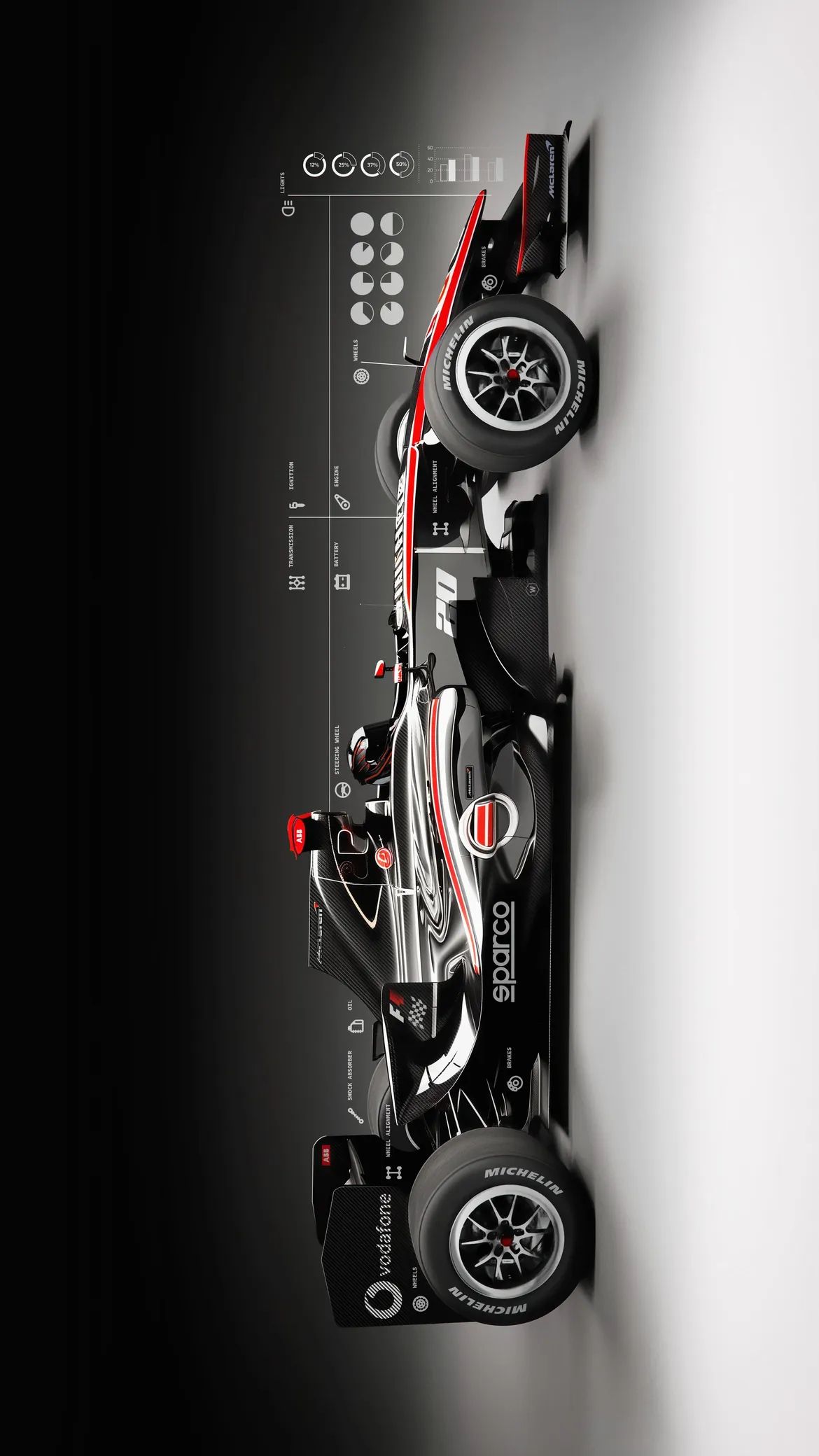 an image of a race car hanging on the wall with wheels and tires attached to it