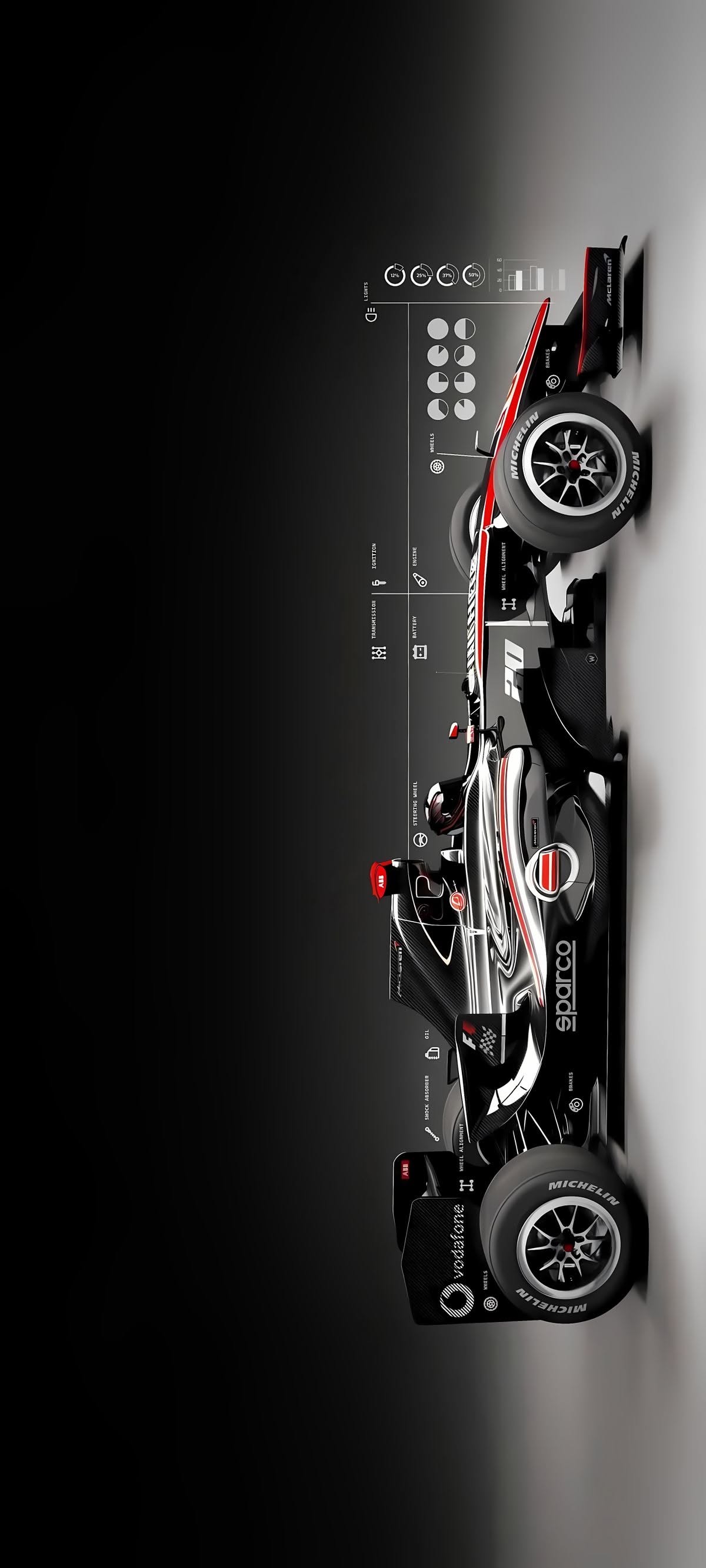 an image of a race car with wheels on it's side and parts in the back