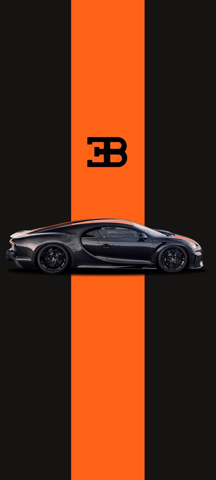 an orange and black car with the letter b on it's side, in front of a striped background