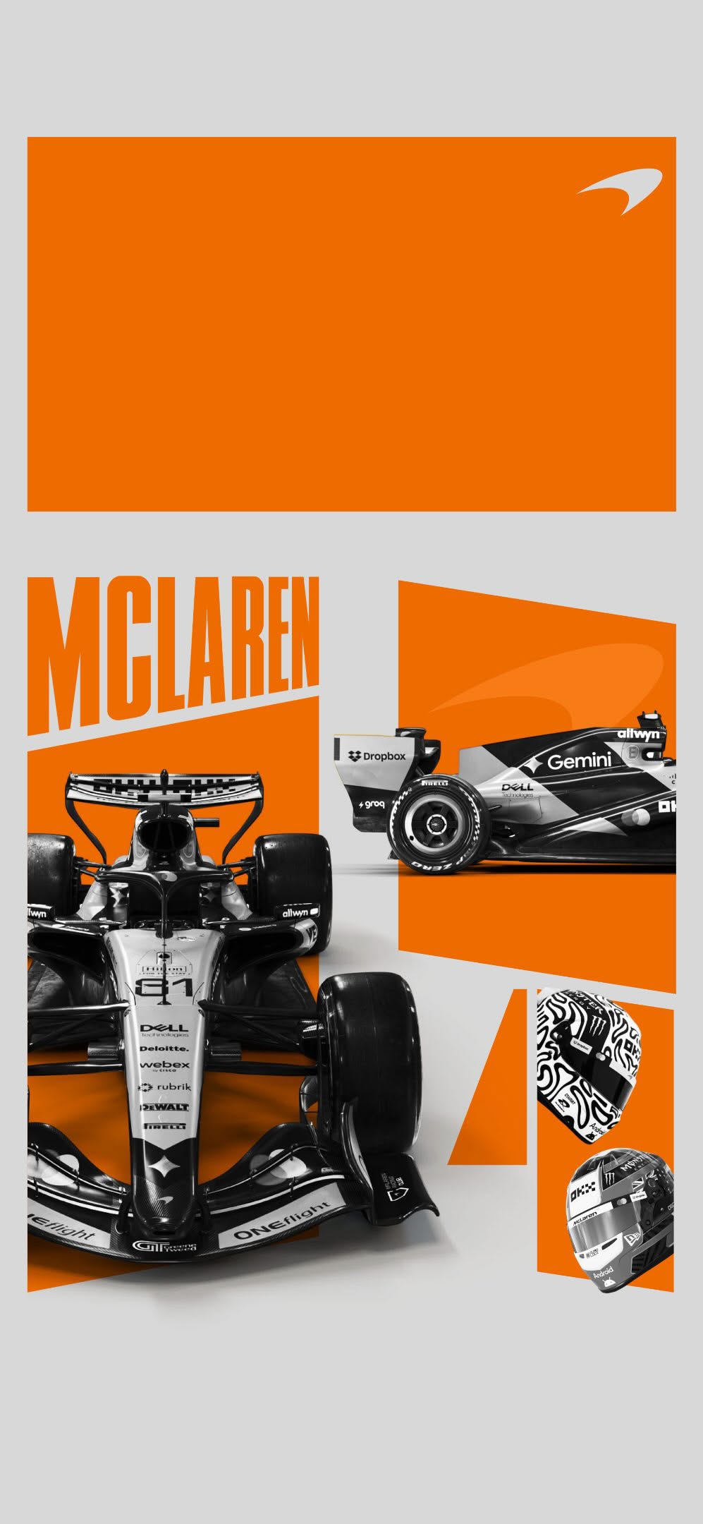 an orange and white photo of a car with the words mclaren on it's side