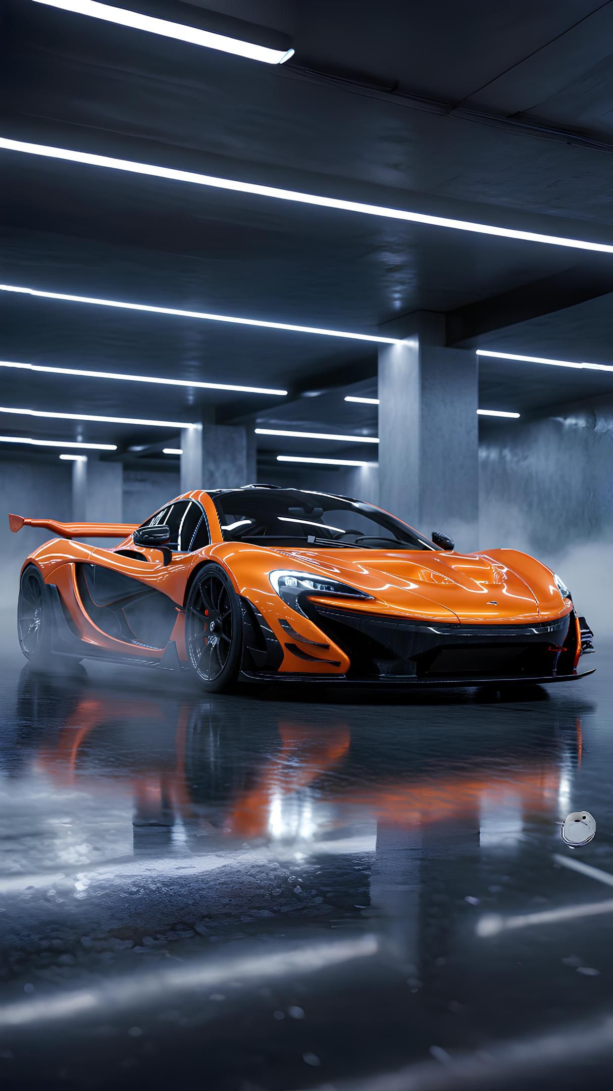 an orange sports car in a parking garage