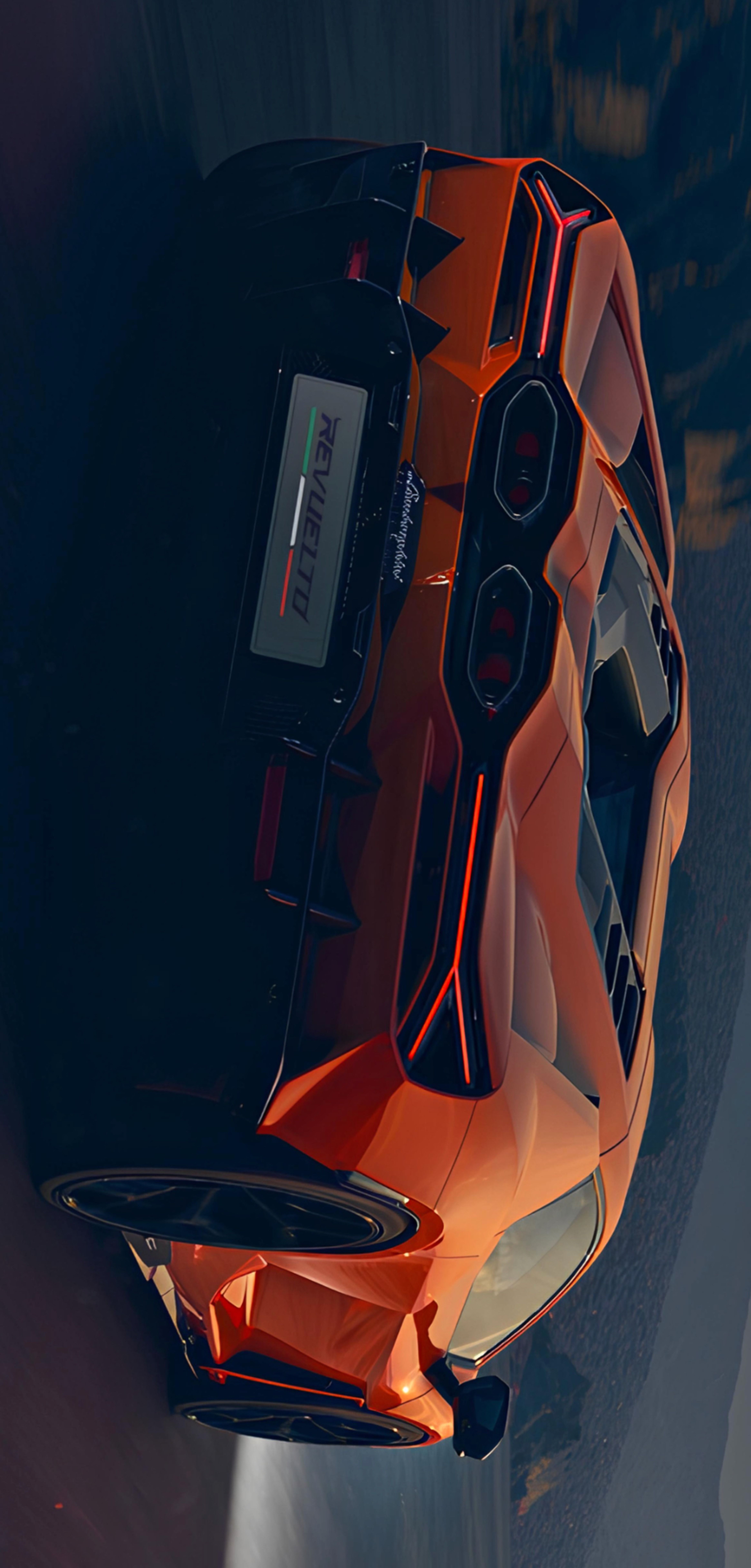an orange sports car is seen from above