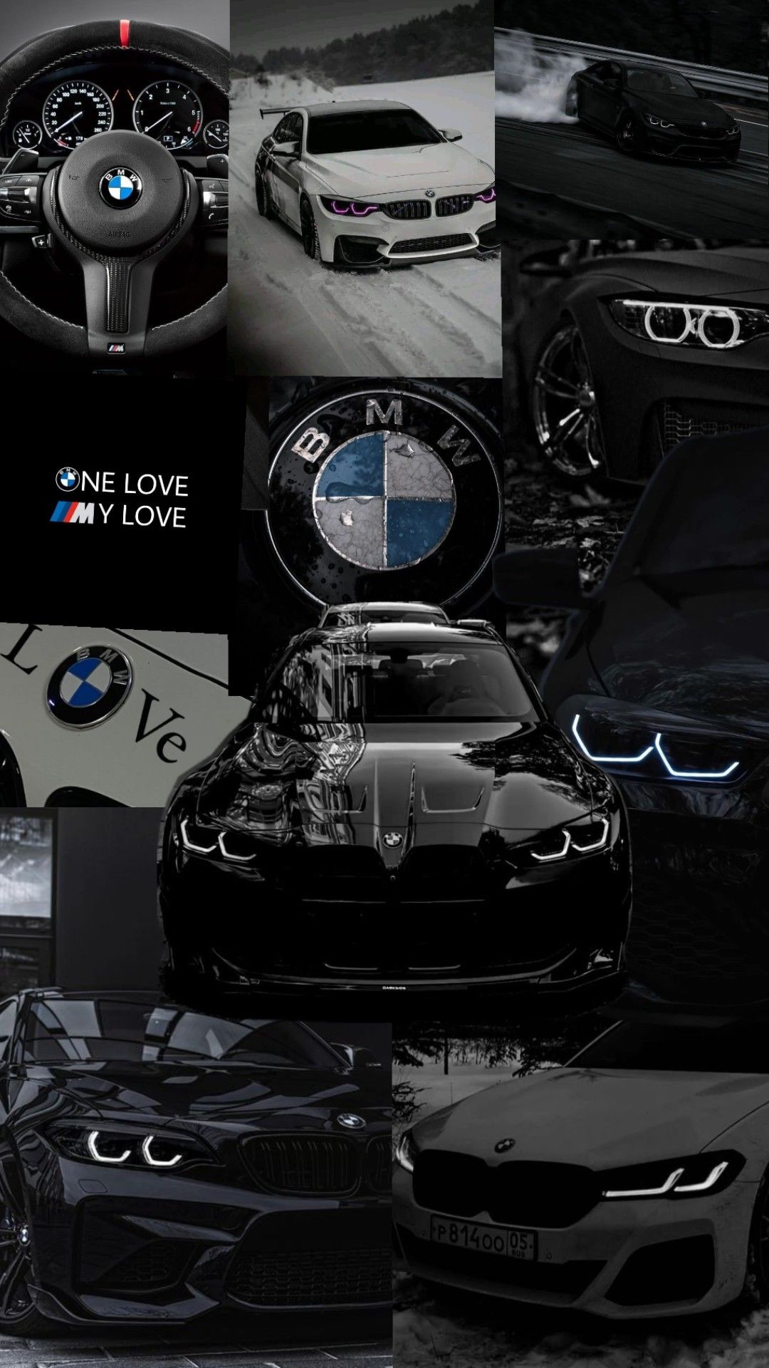 black and white collage with bmw cars in the middle, one love my love