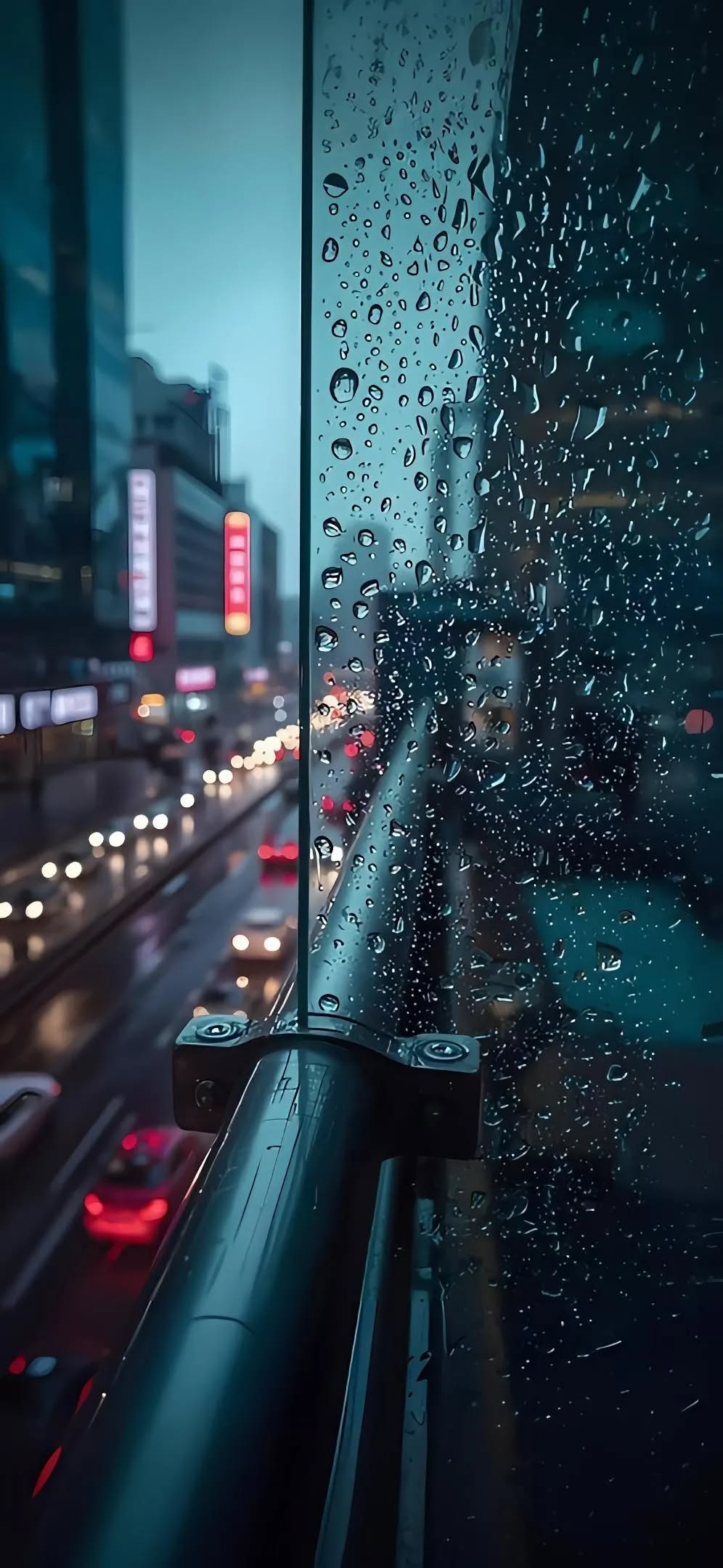rain is falling on the window and cars are driving down the road in the distance