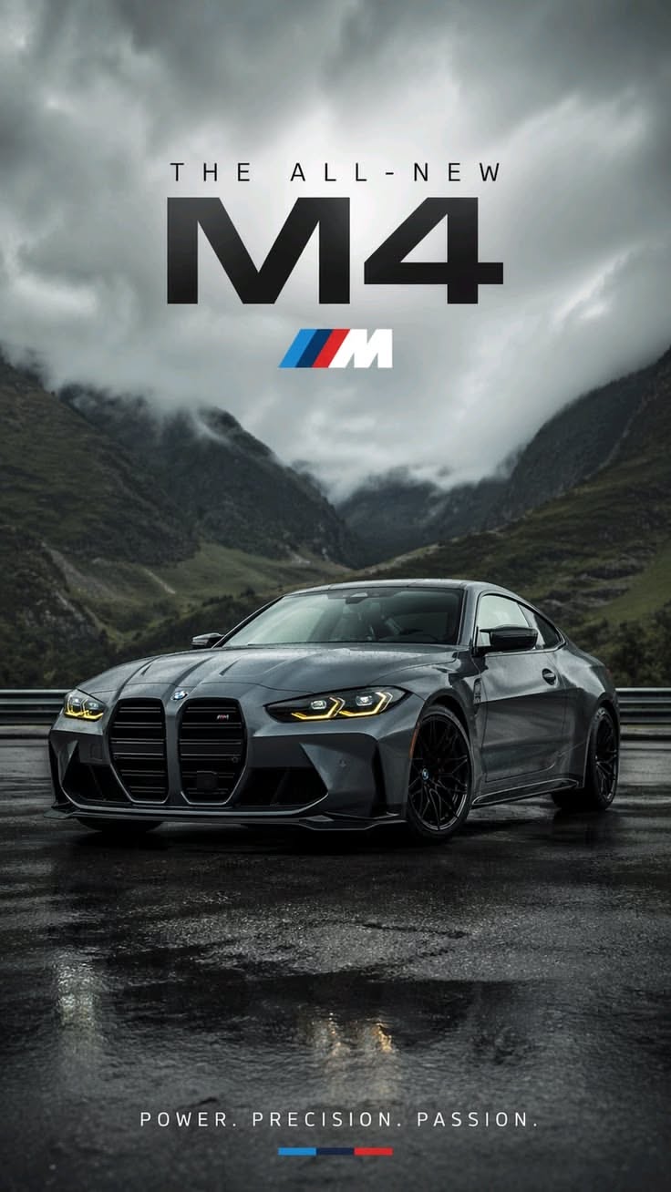 the all - new m4 m4 is shown in front of mountains and clouds