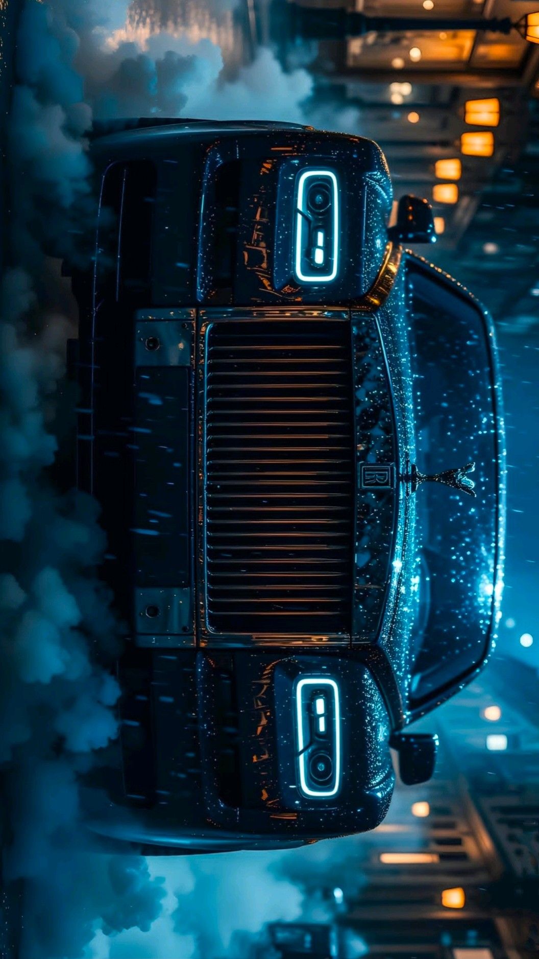 the back end of a black car with glowing lights on it's grilles