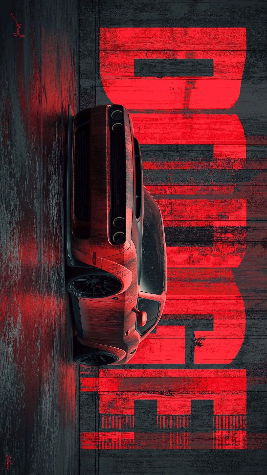 the back end of a red sports car in front of a black and red background
