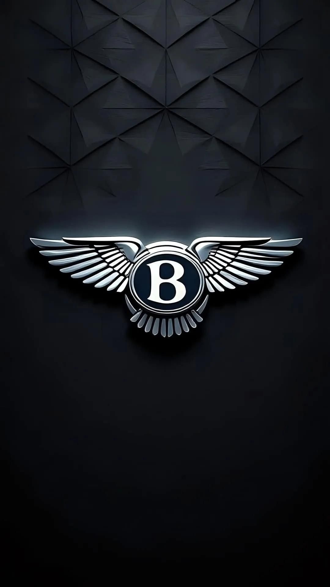 the bentley logo is shown on a black background with geometric shapes in the back ground