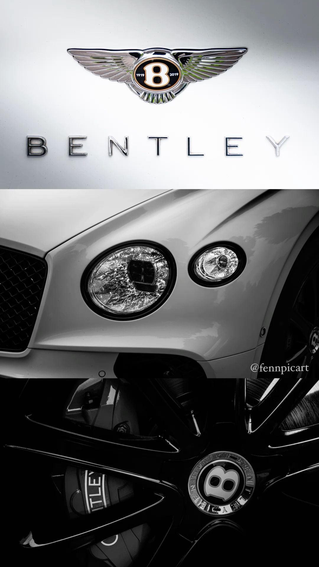 the bentley logo is shown on the front end of a silver sports car with black rims