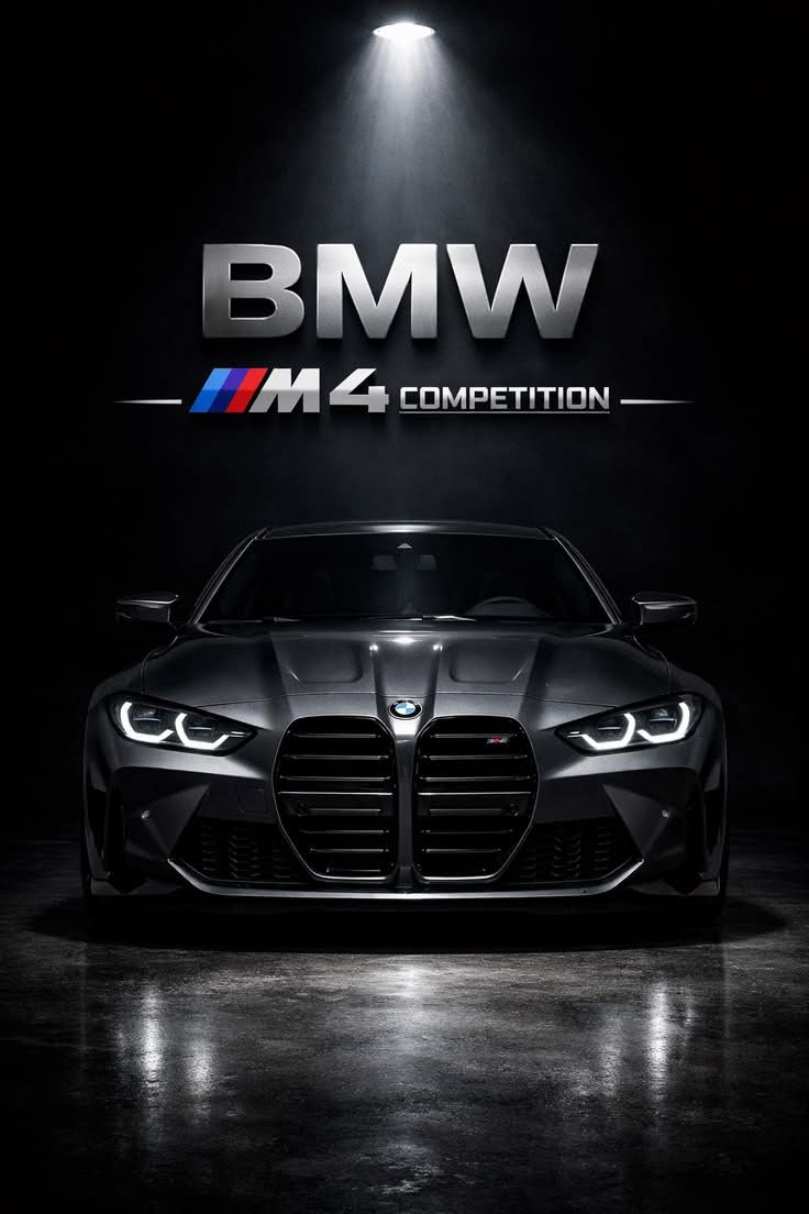 the bmw m4 competition car is shown in front of a sign that says bmw