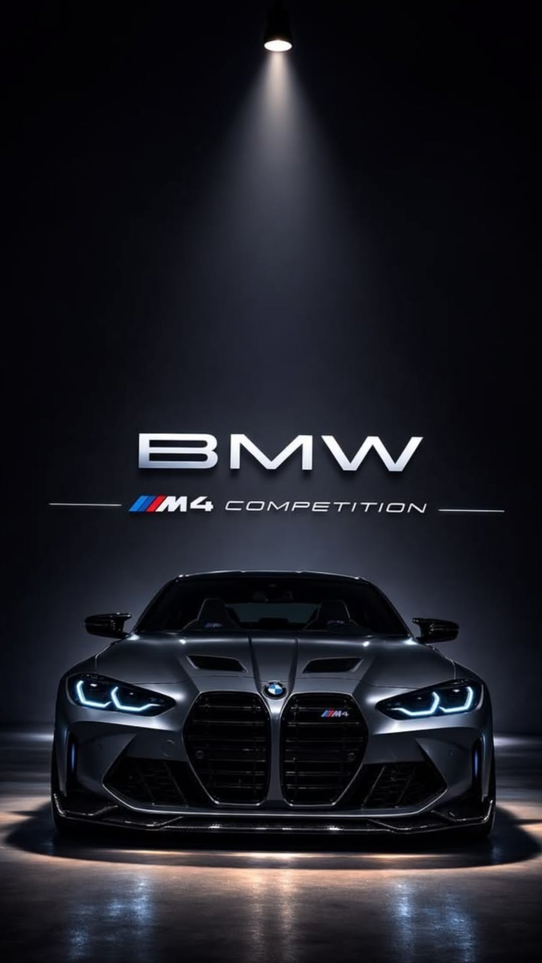 the bmw m4 competition car is shown in front of an advertisement for its company