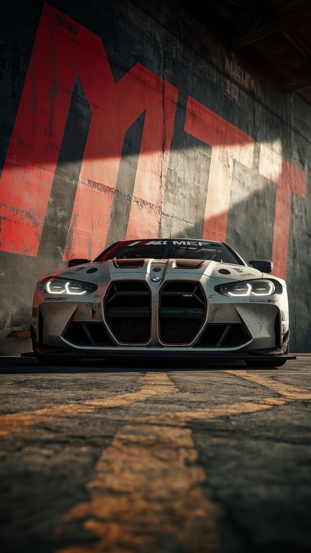 the bmw sports car is parked in front of a wall