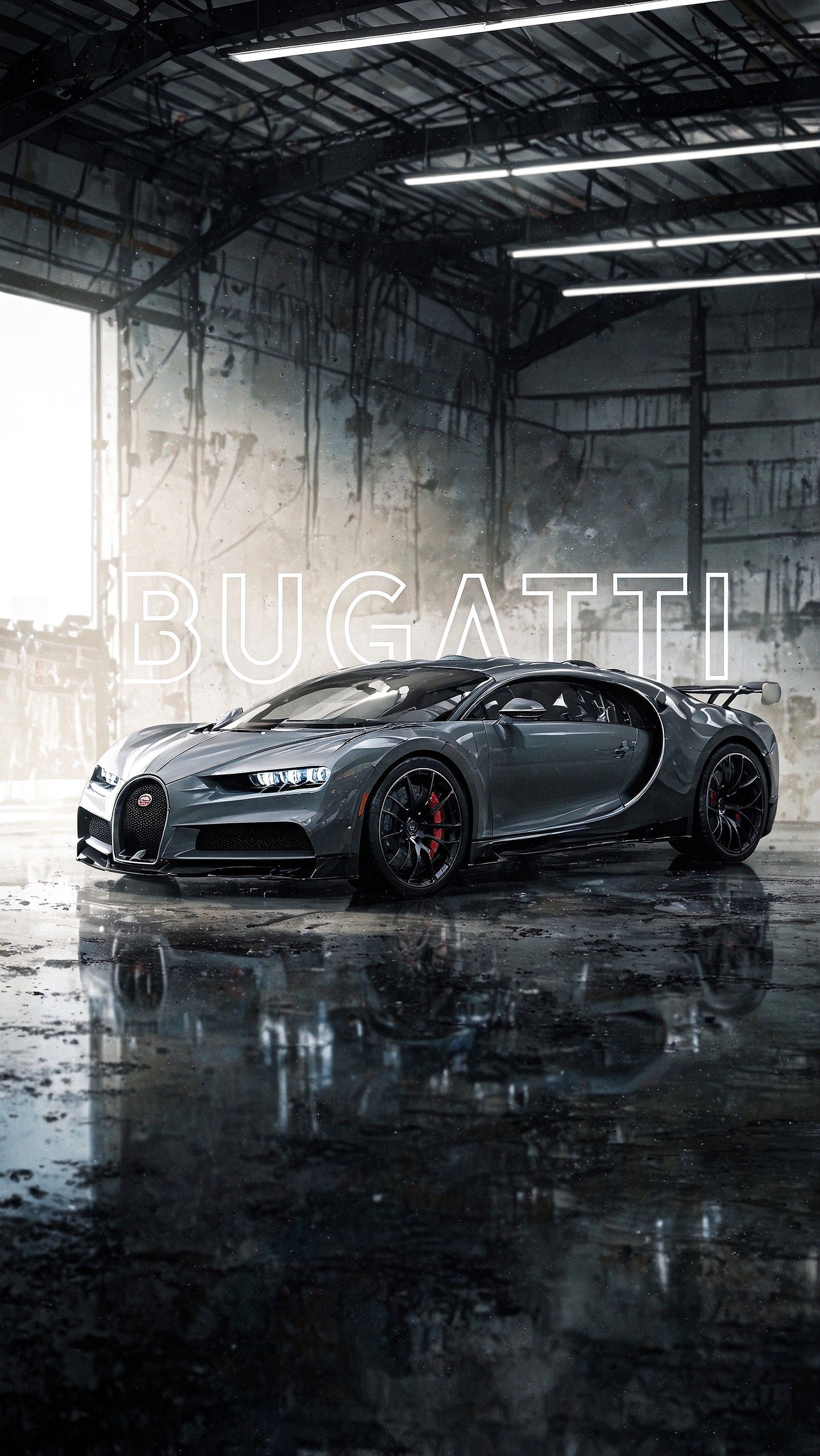 the bugatti car is parked in an empty garage