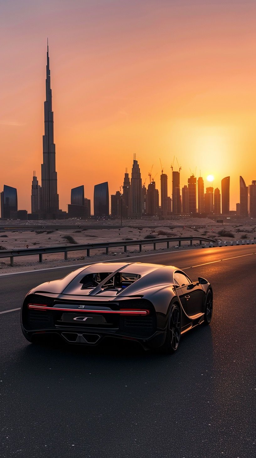 the bugatti supercar is driving down the road in front of the city