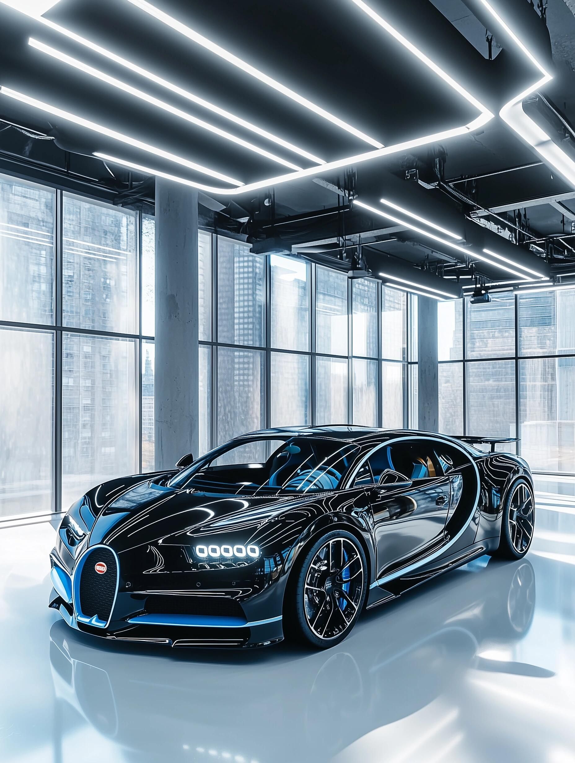 the bugatti supercar is parked in an empty room with large windows and bright lighting