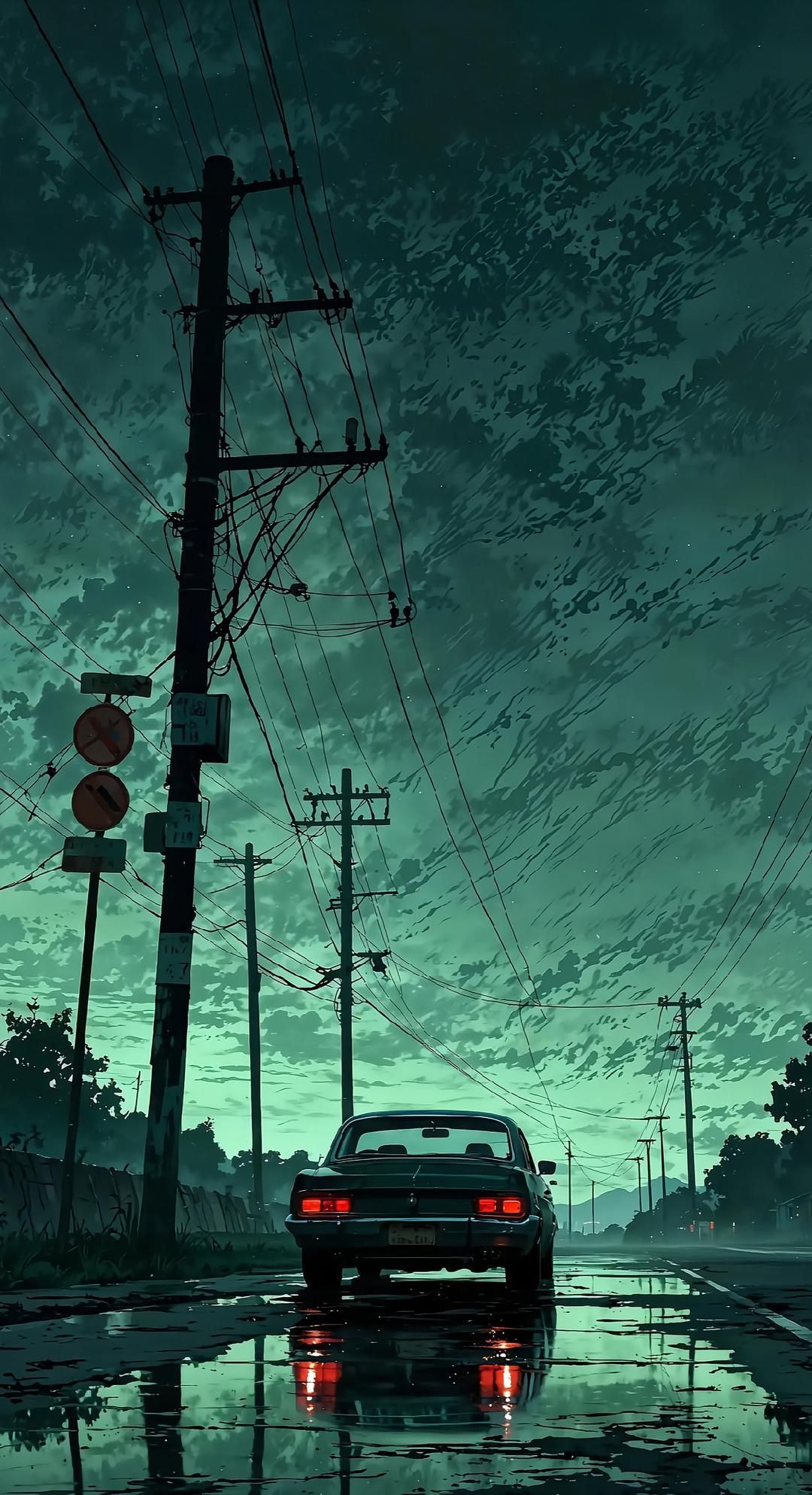 the car is driving down the wet road
