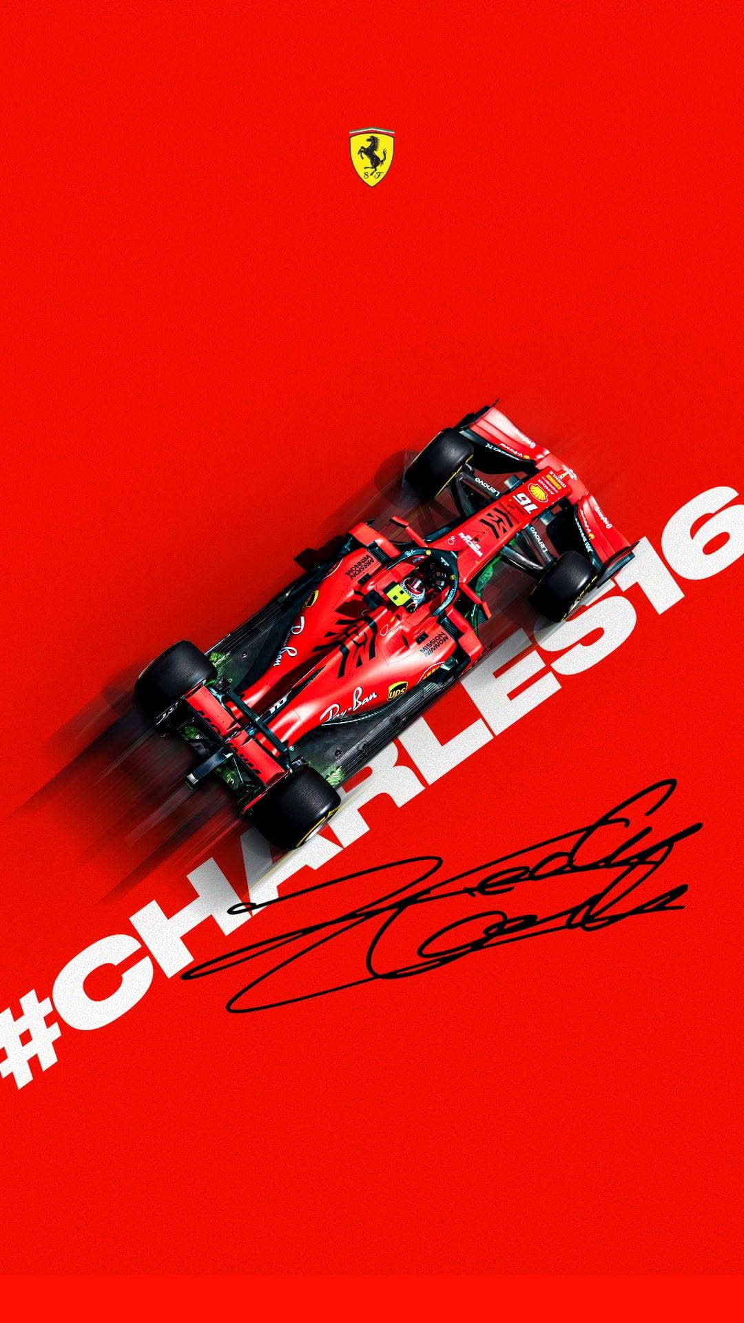 the ferrari car is driving down the track in front of a red background with autographs written on it