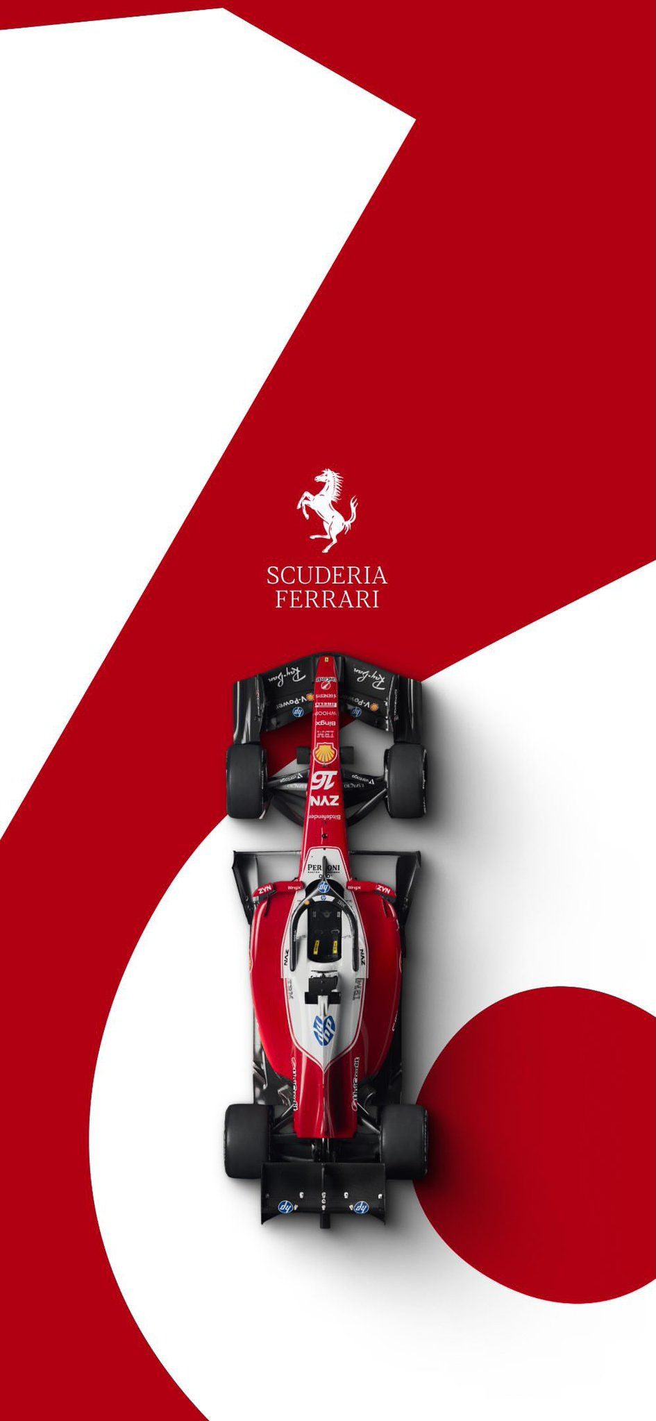 the ferrari formula car is on display in front of a red and white background
