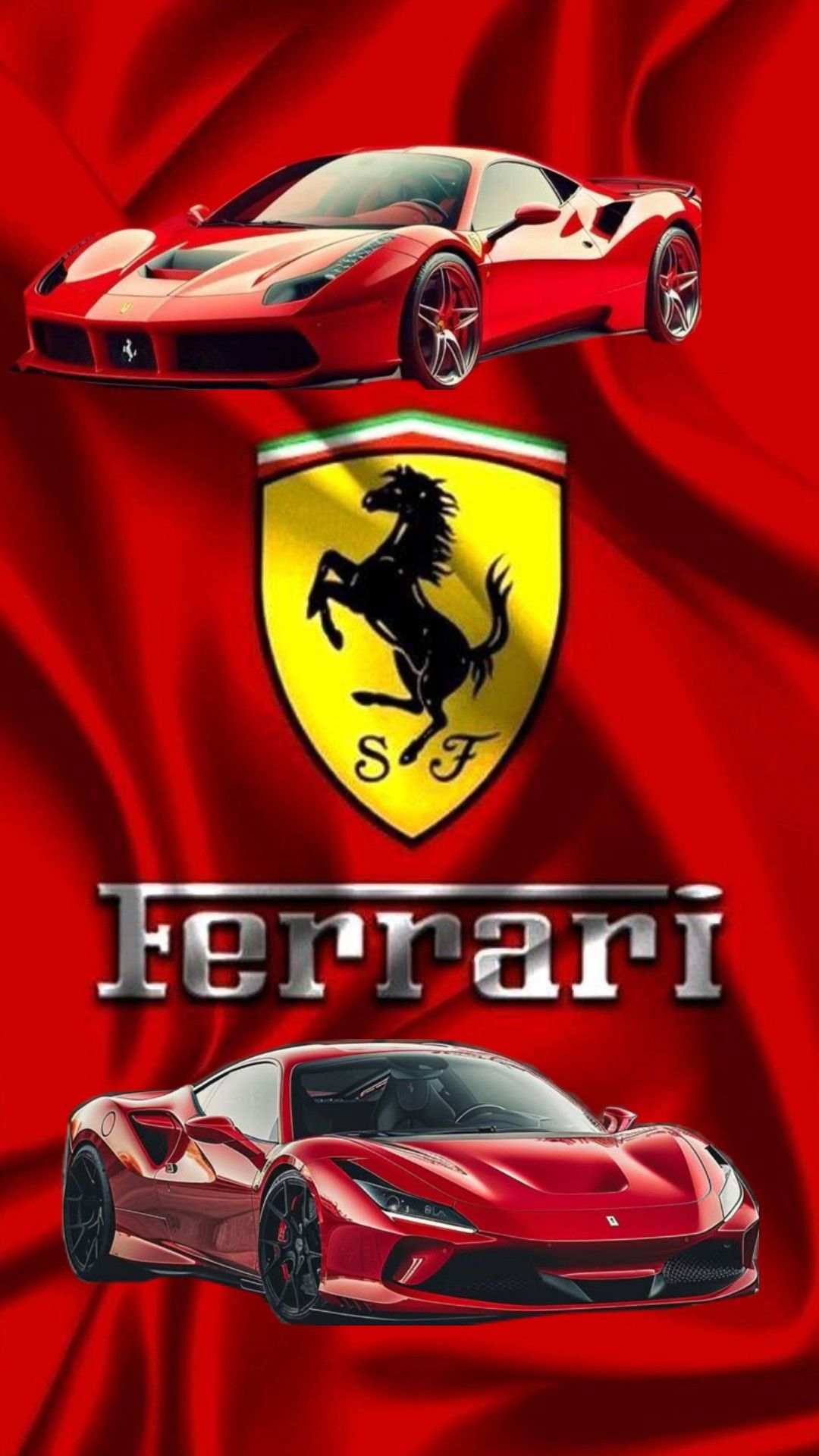 the ferrari logo is shown above two red sports cars on a red satin fabric background
