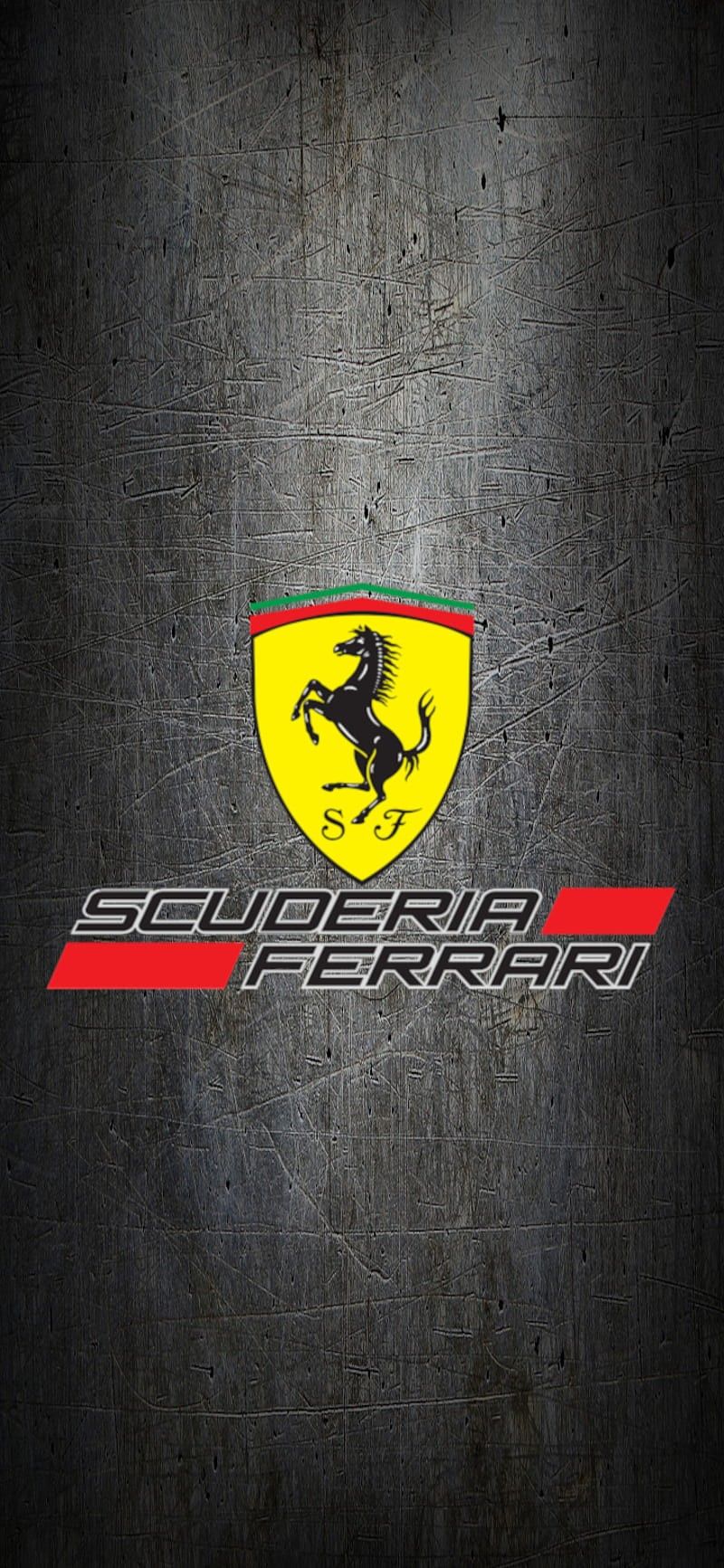 the ferrari logo is shown in red and yellow on a black background with silver lettering