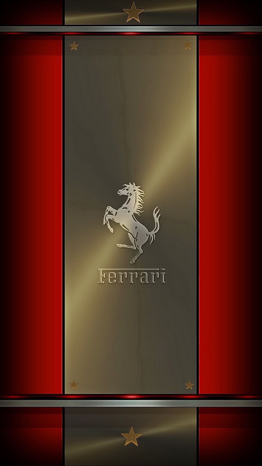 the ferrari logo is shown on a red and black background with gold stars around it