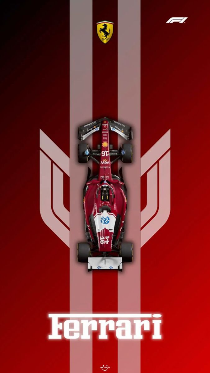 the ferrari logo is shown on a red and white striped background with an image of a racing car