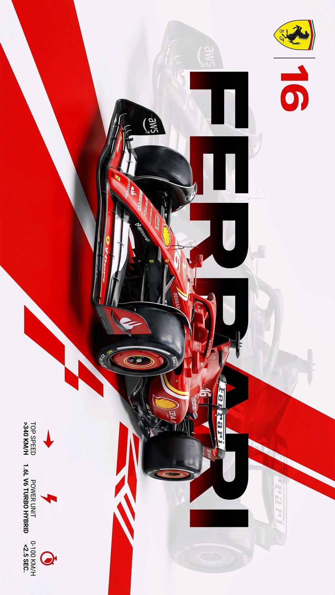 the ferrari logo is shown on top of a red and white race car in front of an abstract background